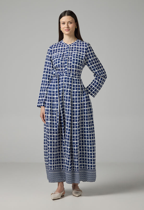 Choice Geometrical Print Pleated Belted Shirt Dress Multi Color