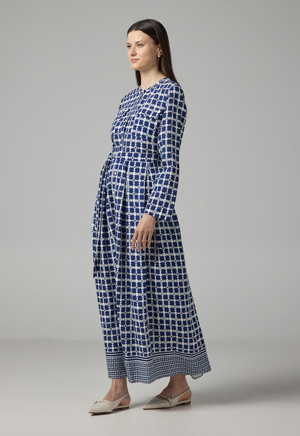 Choice Geometrical Print Pleated Belted Shirt Dress Multi Color