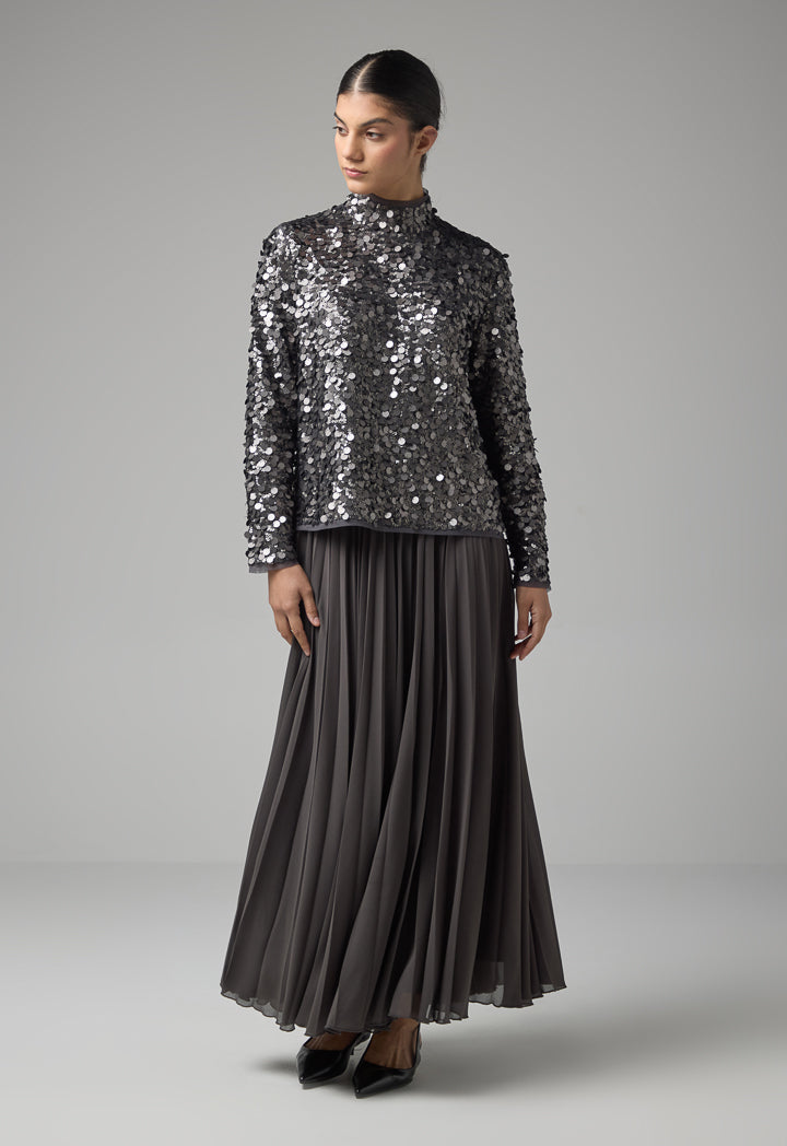 Choice Long Sleeve Sequin Blouse  Grey
