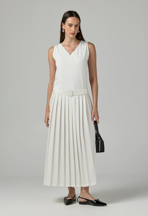Choice Sleeveless Pleated Solid Dress Off White