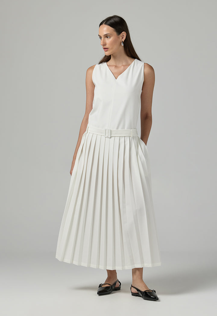 Choice Sleeveless Pleated Solid Dress Off White