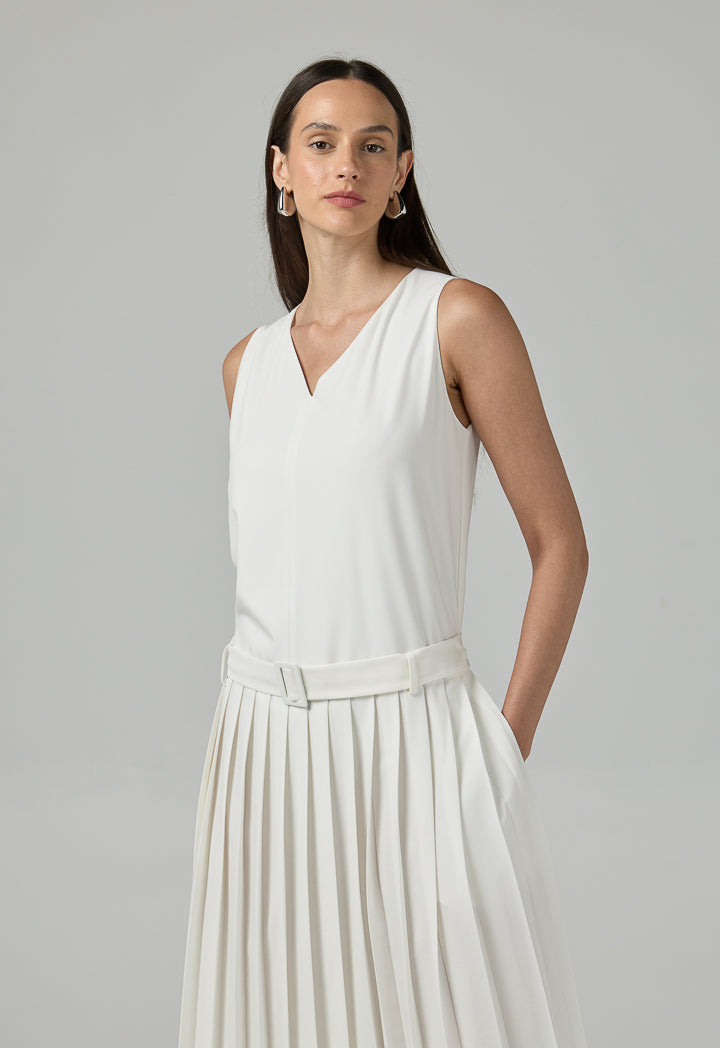 Choice Sleeveless Pleated Solid Dress Off White