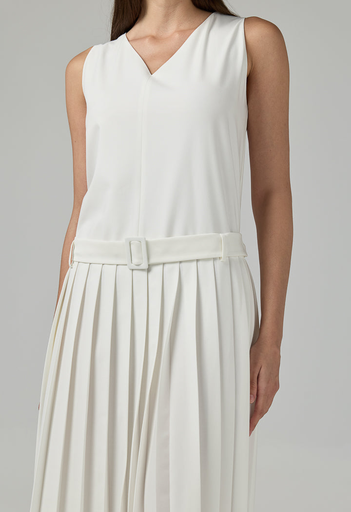 Choice Sleeveless Pleated Solid Dress Off White
