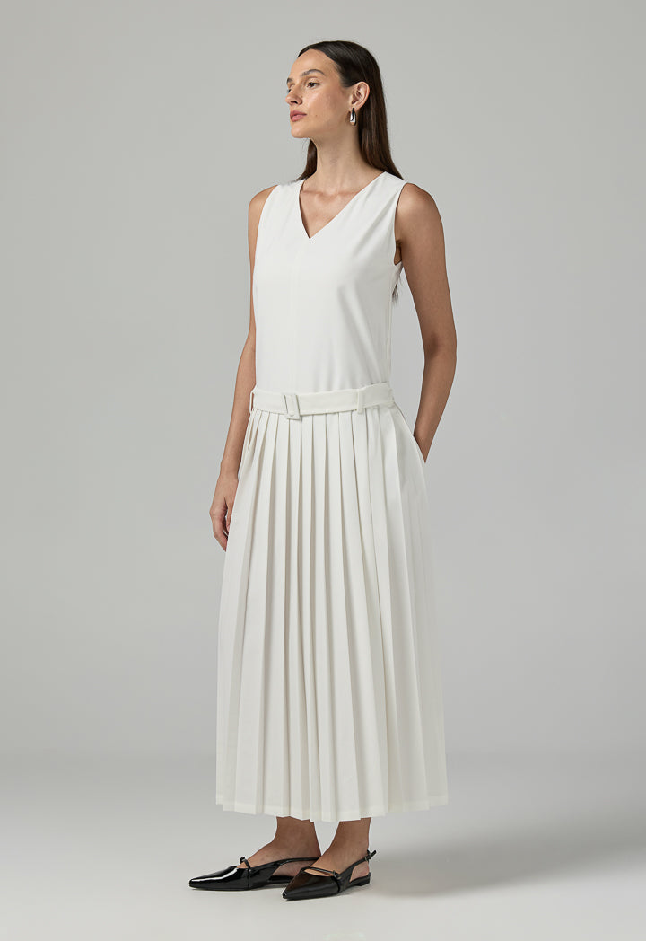 Choice Sleeveless Pleated Solid Dress Off White