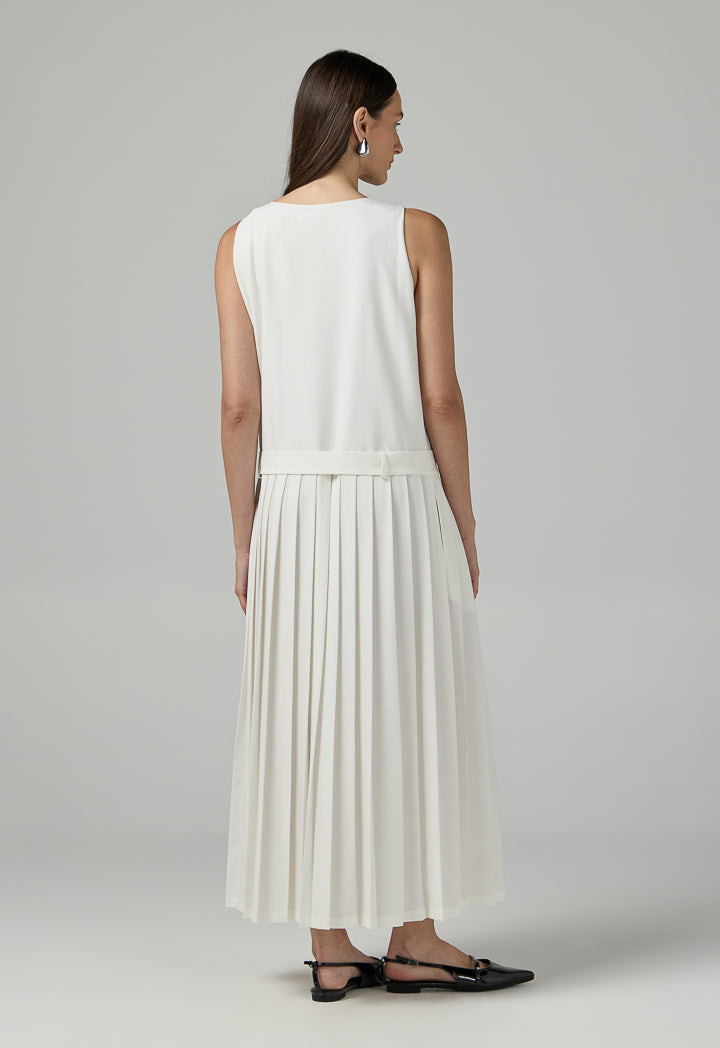 Choice Sleeveless Pleated Solid Dress Off White