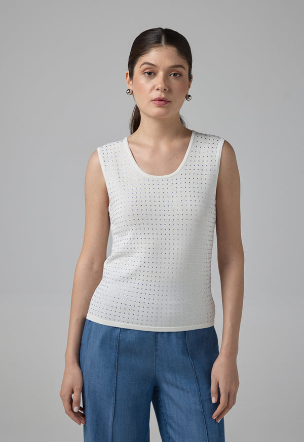 Choice Sleeveless Crystal Embellished Knitted Top Off White