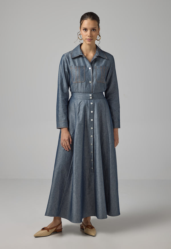 Choice Single Tone Flared Maxi Skirt Indigo