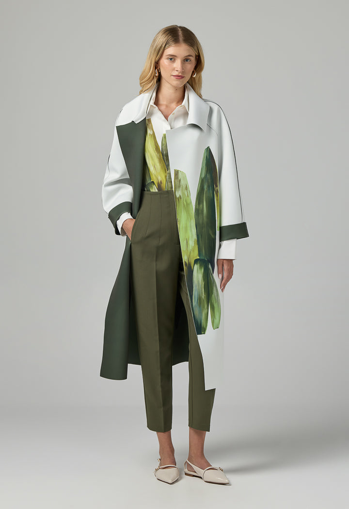 Choice Long Raglan Sleeves Belted Printed Jacket Multi Color