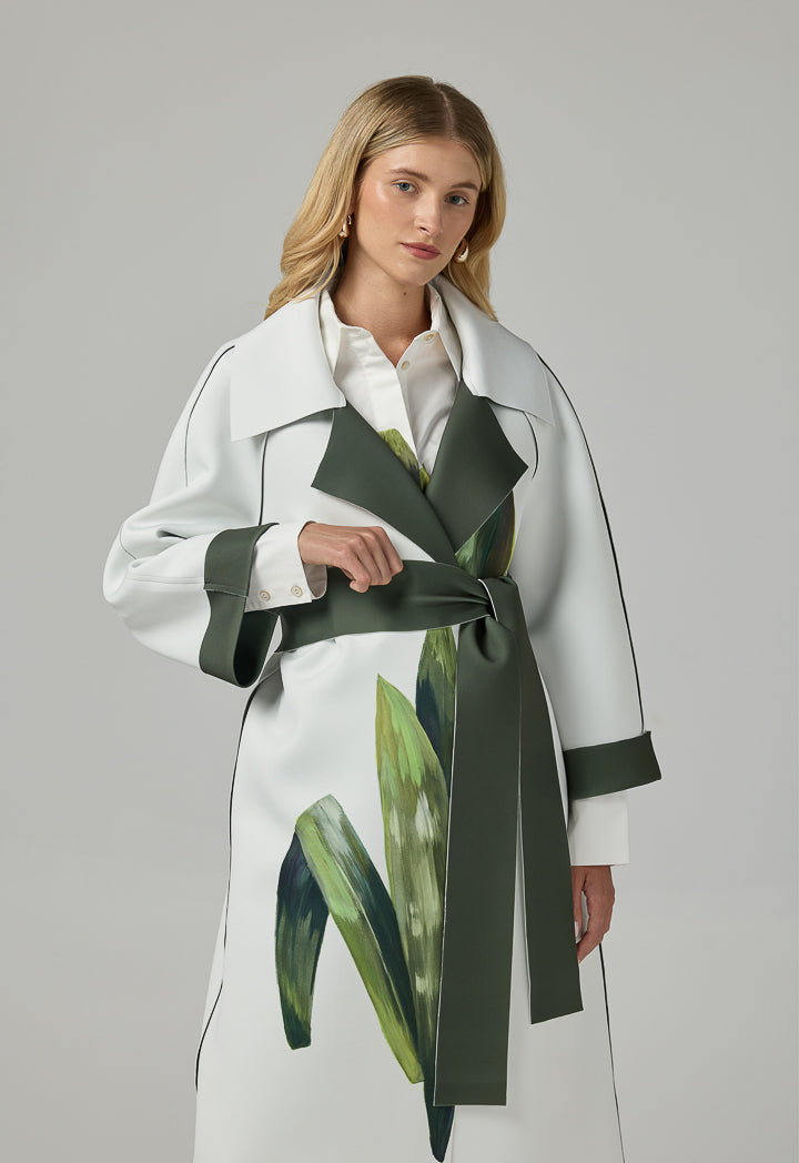 Choice Long Raglan Sleeves Belted Printed Jacket Multi Color