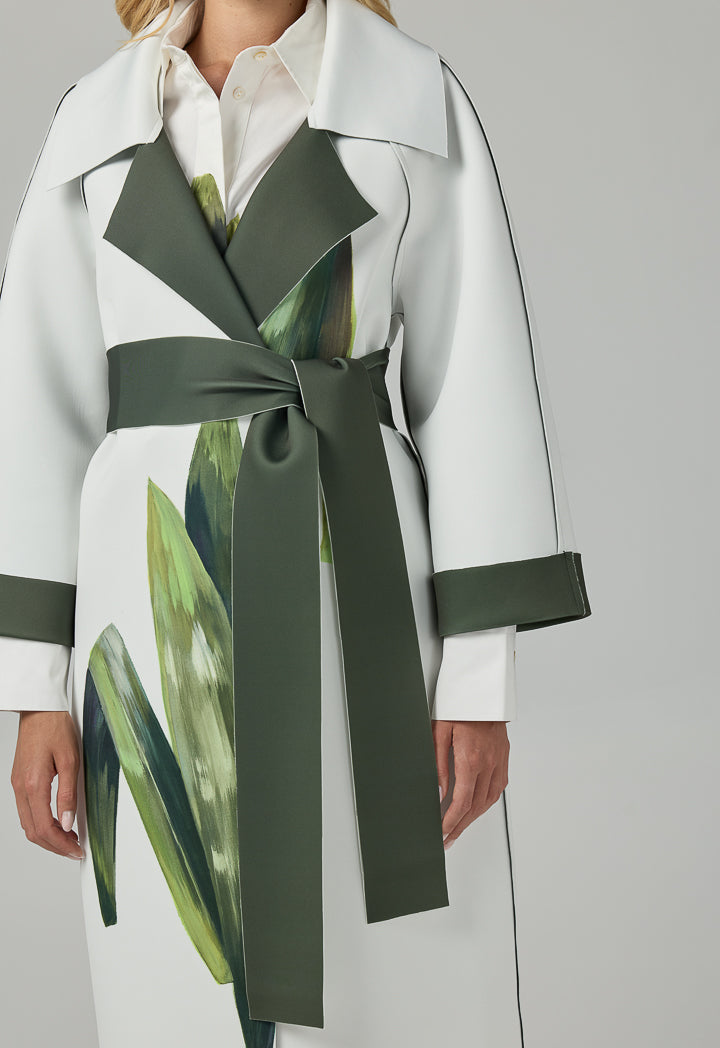 Choice Long Raglan Sleeves Belted Printed Jacket Multi Color