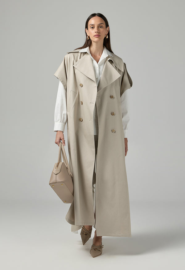 Choice Solid Double Breasted Notched Collar Outerwear Beige