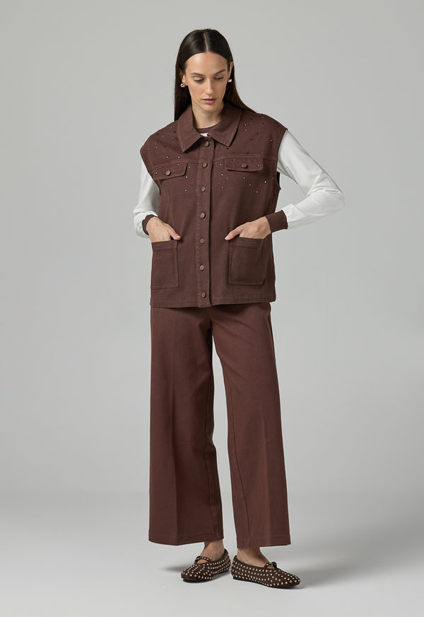 Choice Solid Crystal Embellished Denim Vest Brown