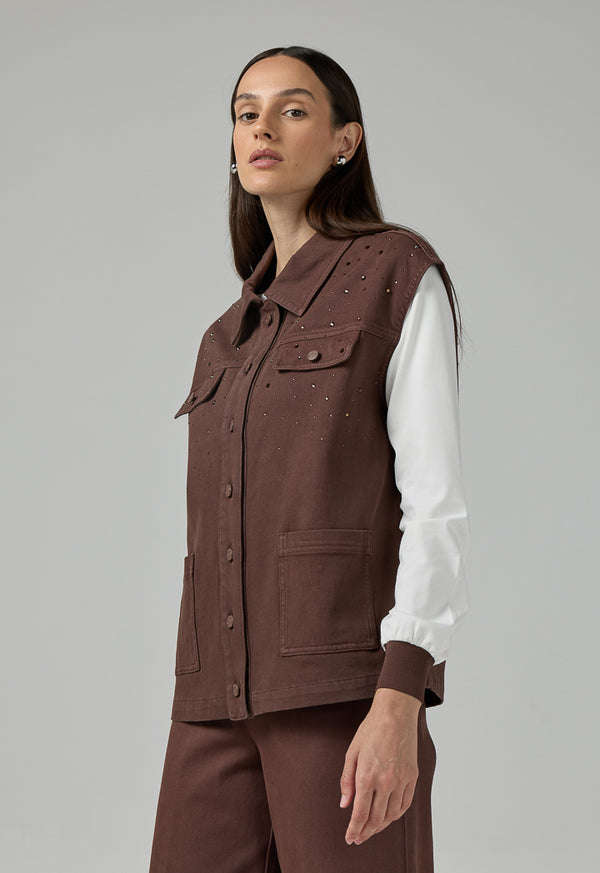 Choice Solid Crystal Embellished Denim Vest Brown
