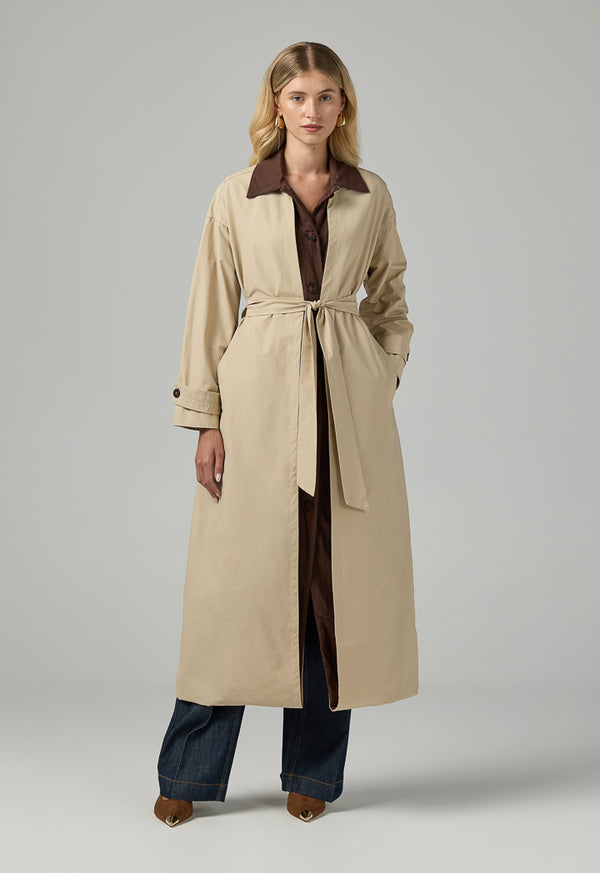 Choice Contrast Maxi Belted Jacket Beige