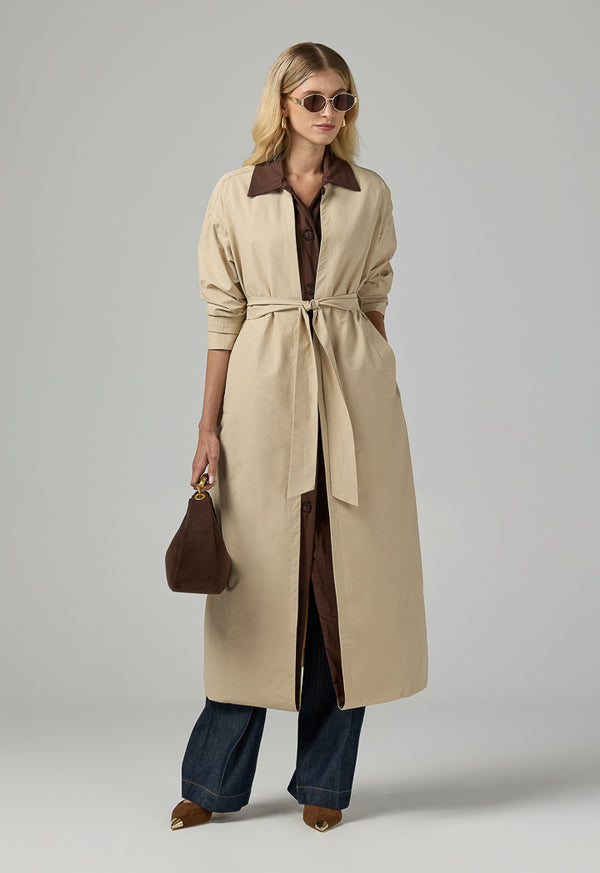 Choice Contrast Maxi Belted Jacket Beige