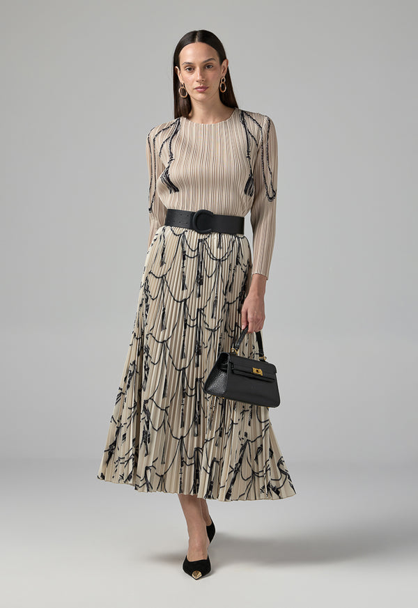 Choice All Over Printed Pleated Skirt Beige
