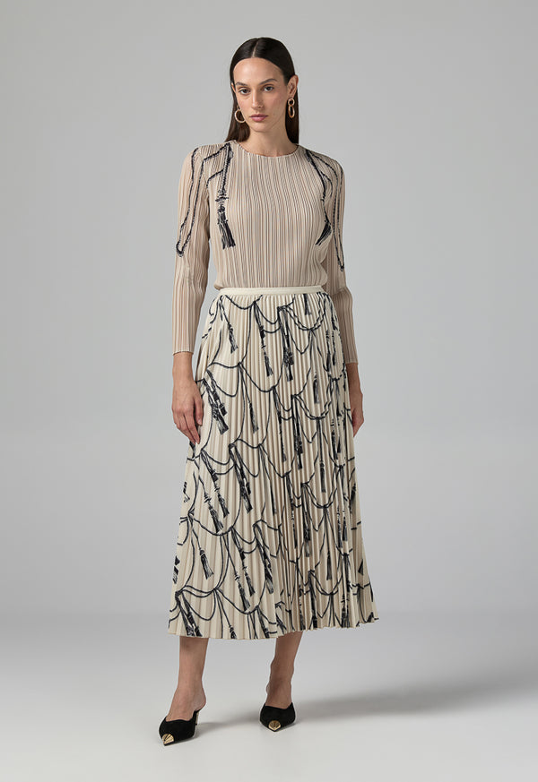 Choice All Over Printed Pleated Skirt Beige