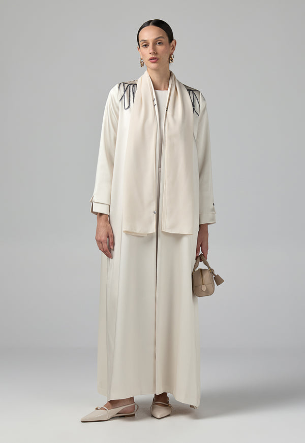 Choice Long Sleeve Contrast Abaya With Hijab (2 Pcs) Beige