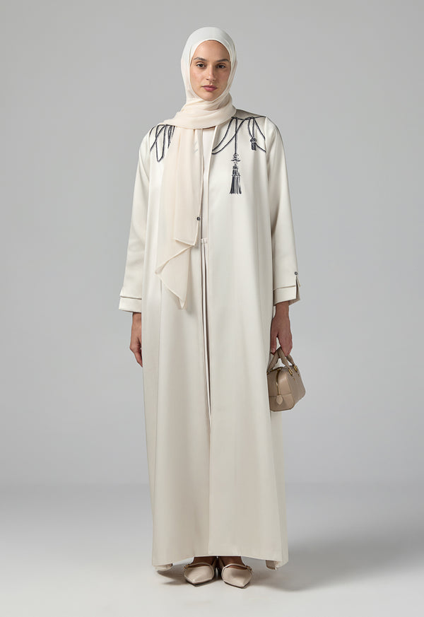 Choice Long Sleeve Contrast Abaya With Hijab (2 Pcs) Beige