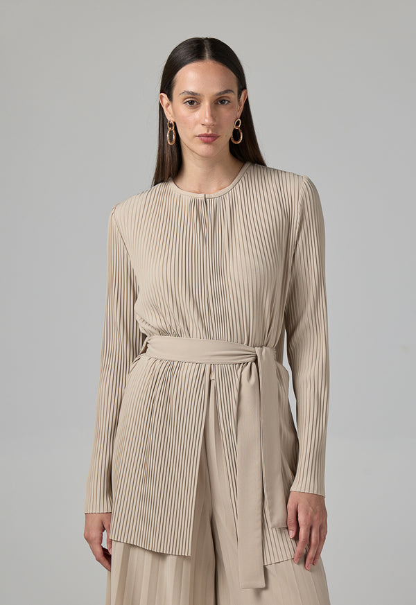 Choice Solid Pleated Belted Jacket Beige