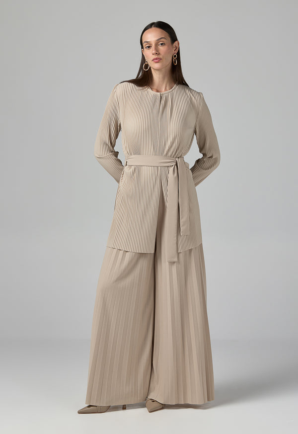 Choice Solid Pleated Belted Jacket Beige