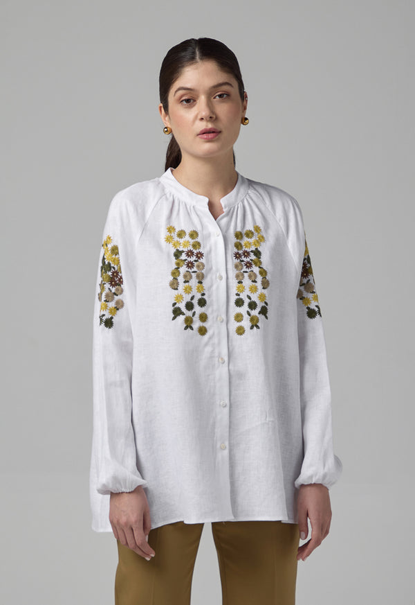 Choice Floral Embroidered Linen Shirt Off White