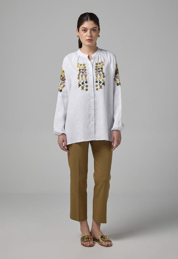 Choice Floral Embroidered Linen Shirt Off White
