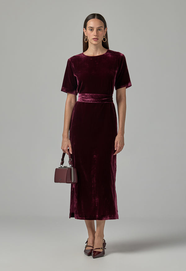 Choice Short Sleeve Velvet Dress  Burgundy