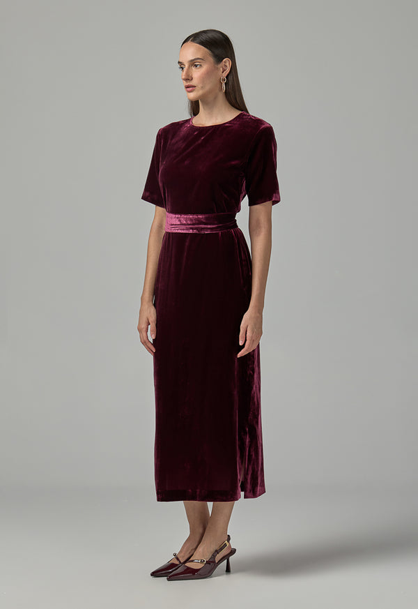 Choice Short Sleeve Velvet Dress  Burgundy