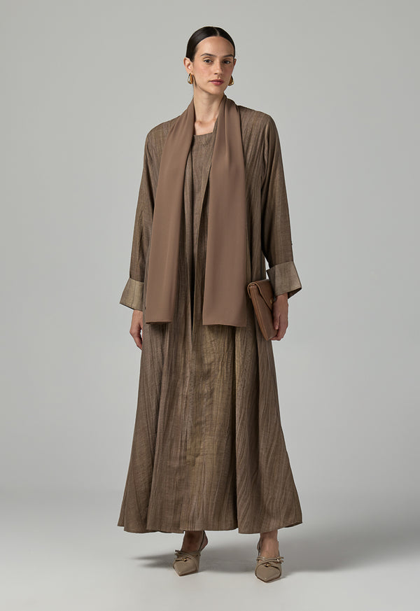 Choice Long Sleeves Crinkled Maxi Open Abaya With Hijab (2Pcs) Brown
