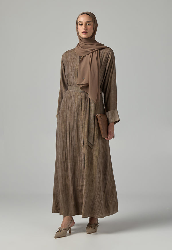 Choice Long Sleeves Crinkled Maxi Open Abaya With Hijab (2Pcs) Brown