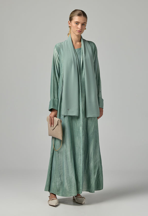 Choice Long Sleeves Crinkled Maxi Open Abaya With Hijab (2Pcs) Green