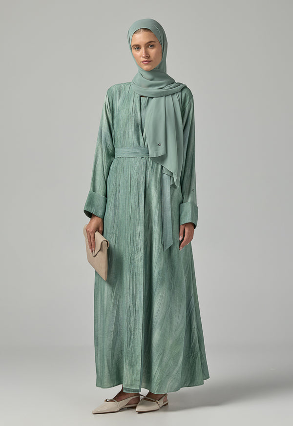 Choice Long Sleeves Crinkled Maxi Open Abaya With Hijab (2Pcs) Green