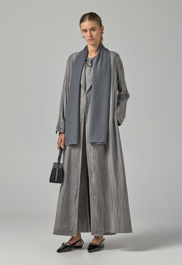 Choice Solid Textured Abaya With Hijab (2Pcs) Grey
