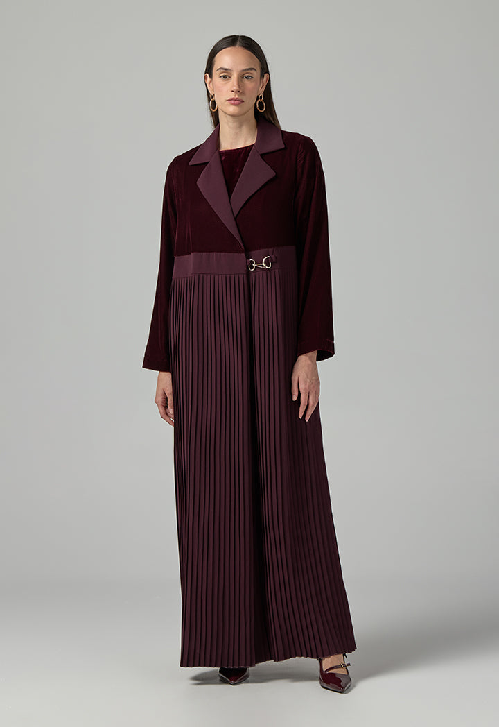 Choice Double Breasted Notched Collar Abaya With Hijab (2Pcs) Burgundy