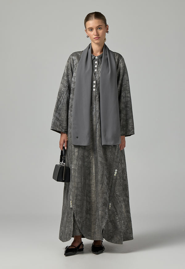 Choice Textured Jacquard Belted Abaya With Hijab (2Pcs) Grey