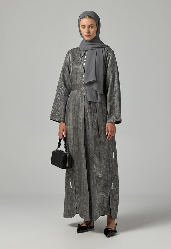 Choice Textured Jacquard Belted Abaya With Hijab (2Pcs) Grey
