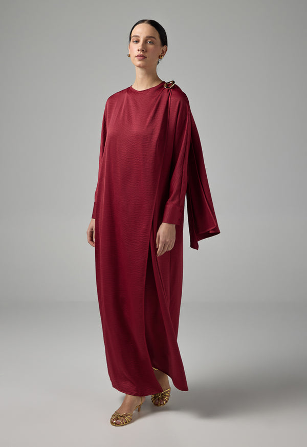 Choice Solid Maxi Dress With Attachable Scarf  Burgundy
