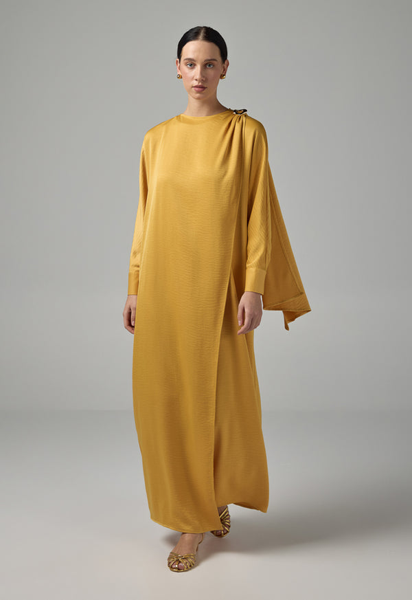Choice Solid Maxi Dress With Attachable Scarf  Mustard