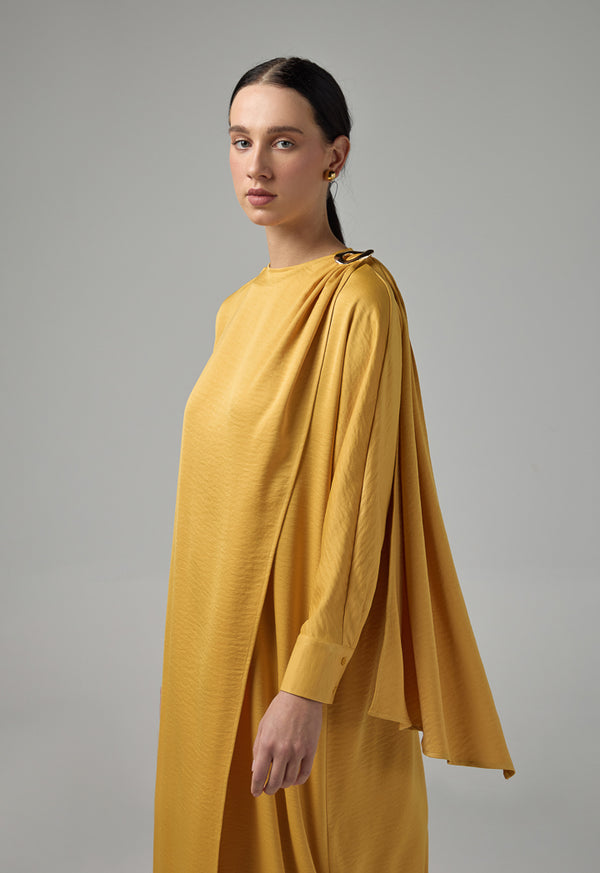 Choice Solid Maxi Dress With Attachable Scarf  Mustard