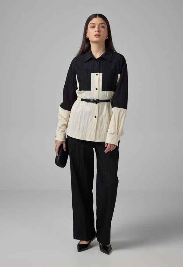 Choice Contrast Front Pockets Relaxed Fit Shirt Black