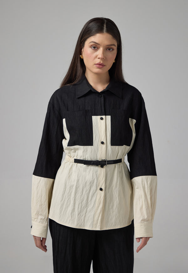 Choice Contrast Front Pockets Relaxed Fit Shirt Black