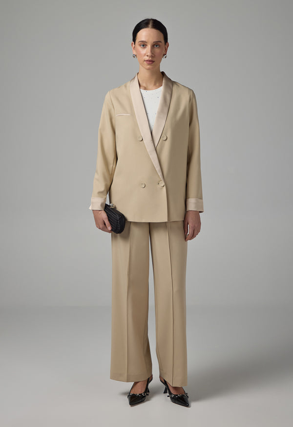 Choice Shawl Collar Contrast Blazer  Beige