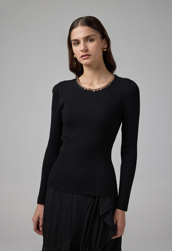 Choice Chain Detail Knitted Blouse Black