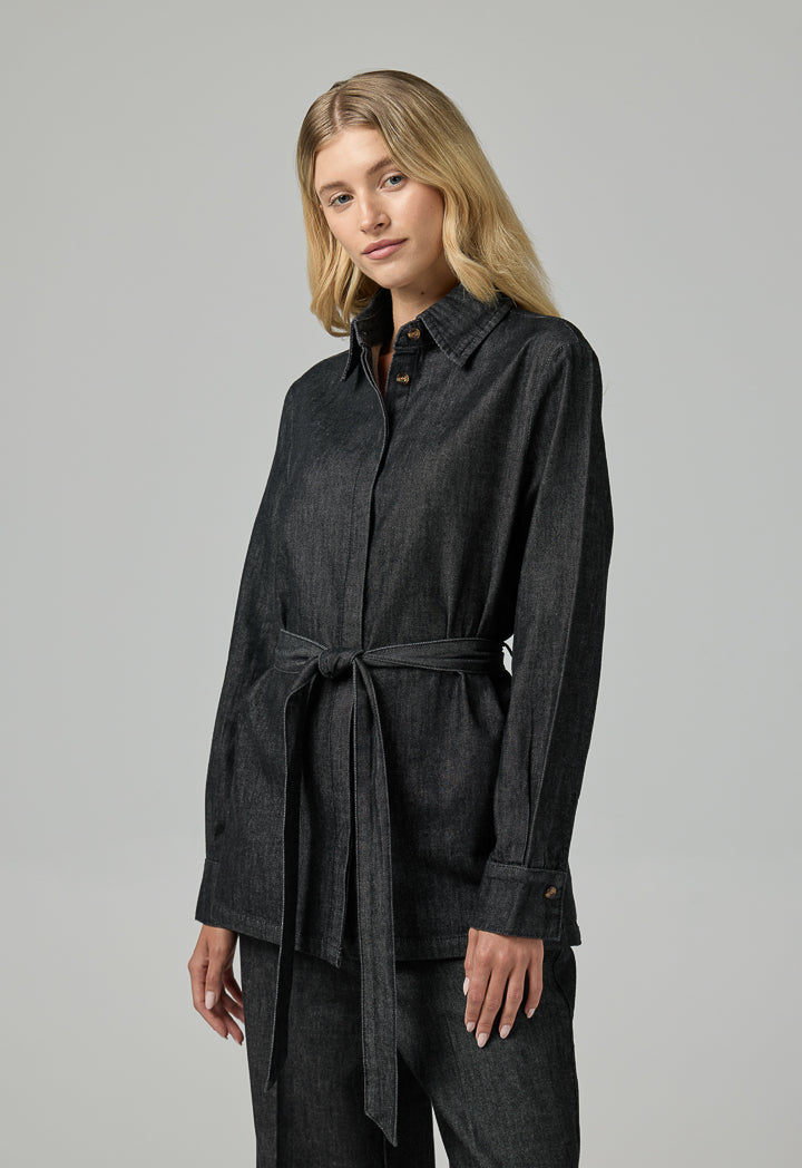 Choice Solid Belted Denim Shirt  Black