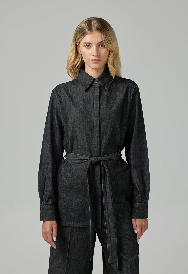 Choice Solid Belted Denim Shirt  Black
