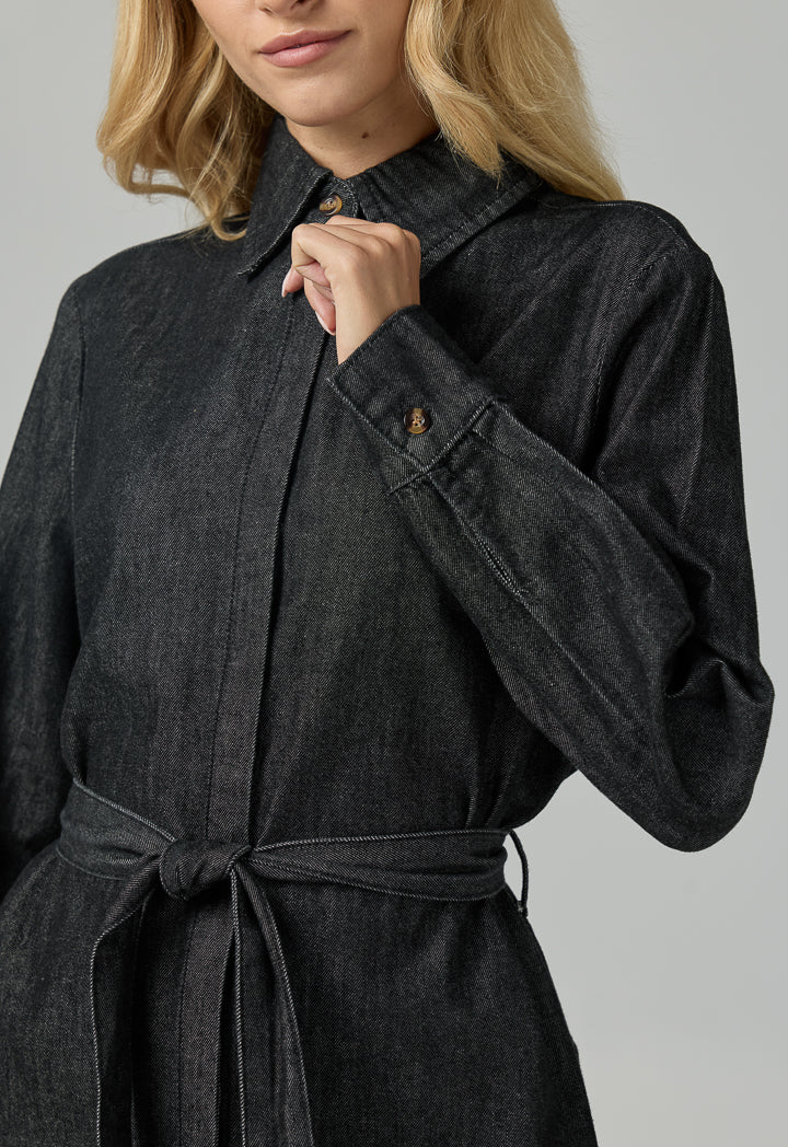 Choice Solid Belted Denim Shirt  Black