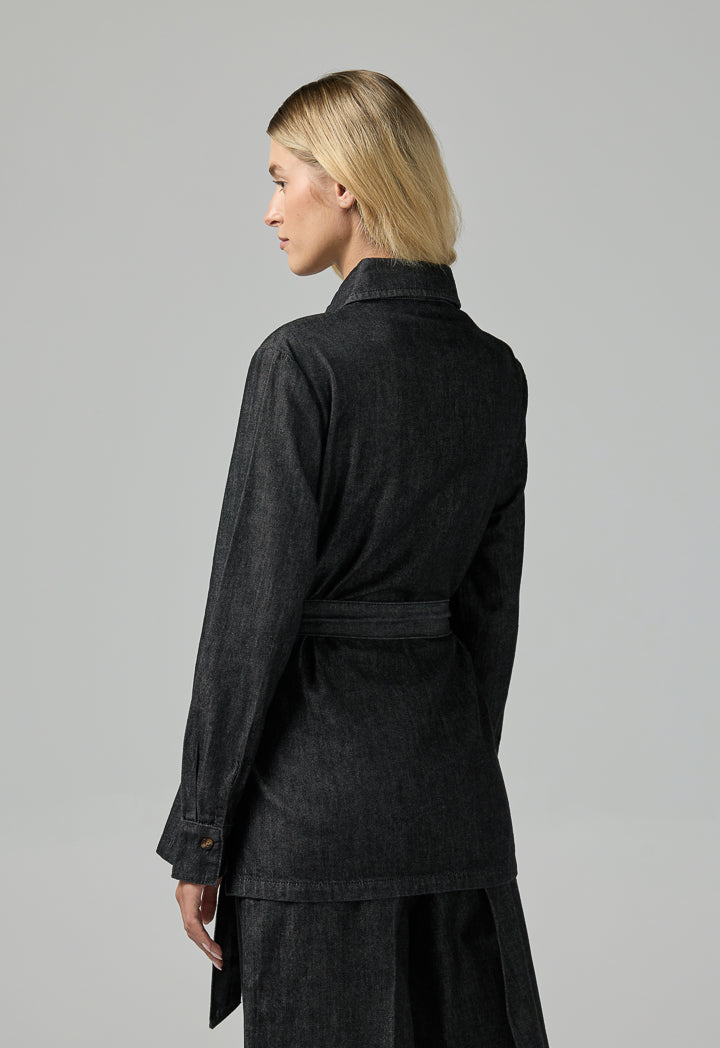 Choice Solid Belted Denim Shirt  Black