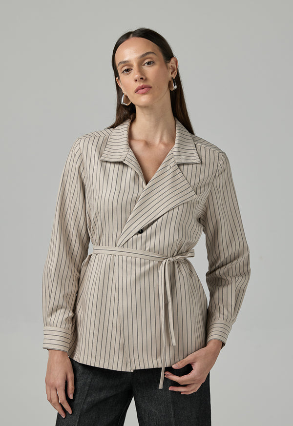 Choice Contrast Striped Belted Shirt  Beige
