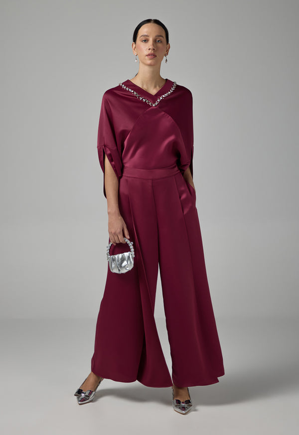 Choice Elastic Waist Palazzo Trousers Burgundy